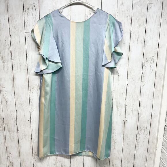 Mango Dress Women Size 8 Blue & Green Striped Shift Satin Finish Ruffled Sleeve - Picture 1 of 6